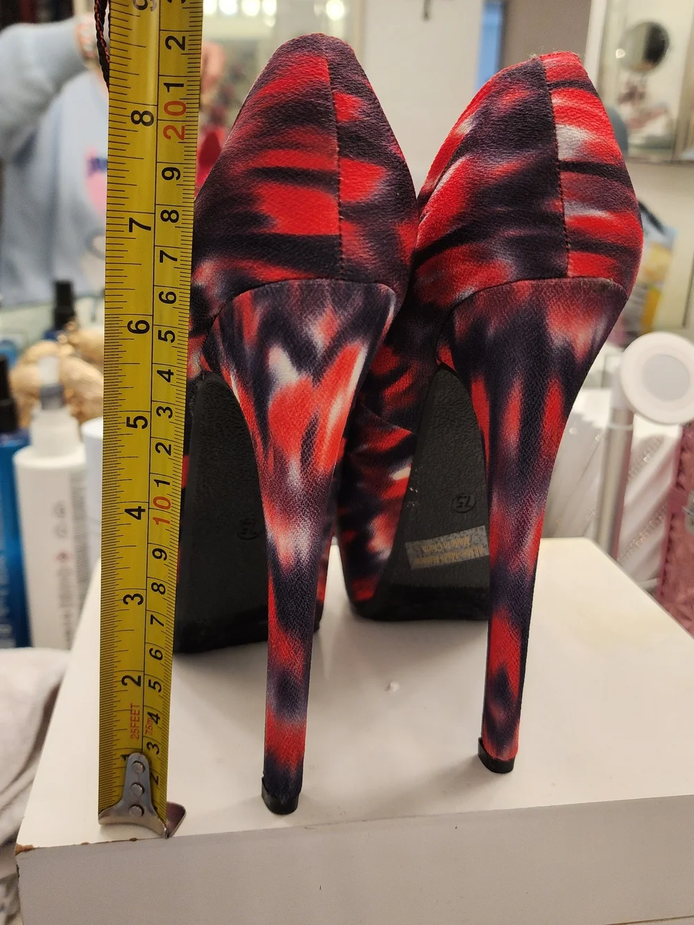 AMI Clubwear Red and Black Ikat Platform Mary Jane Pumps